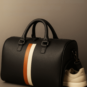 Premium black vegan leather gym duffle bag with tan and white stripe, shoe compartment, and gold hardware.