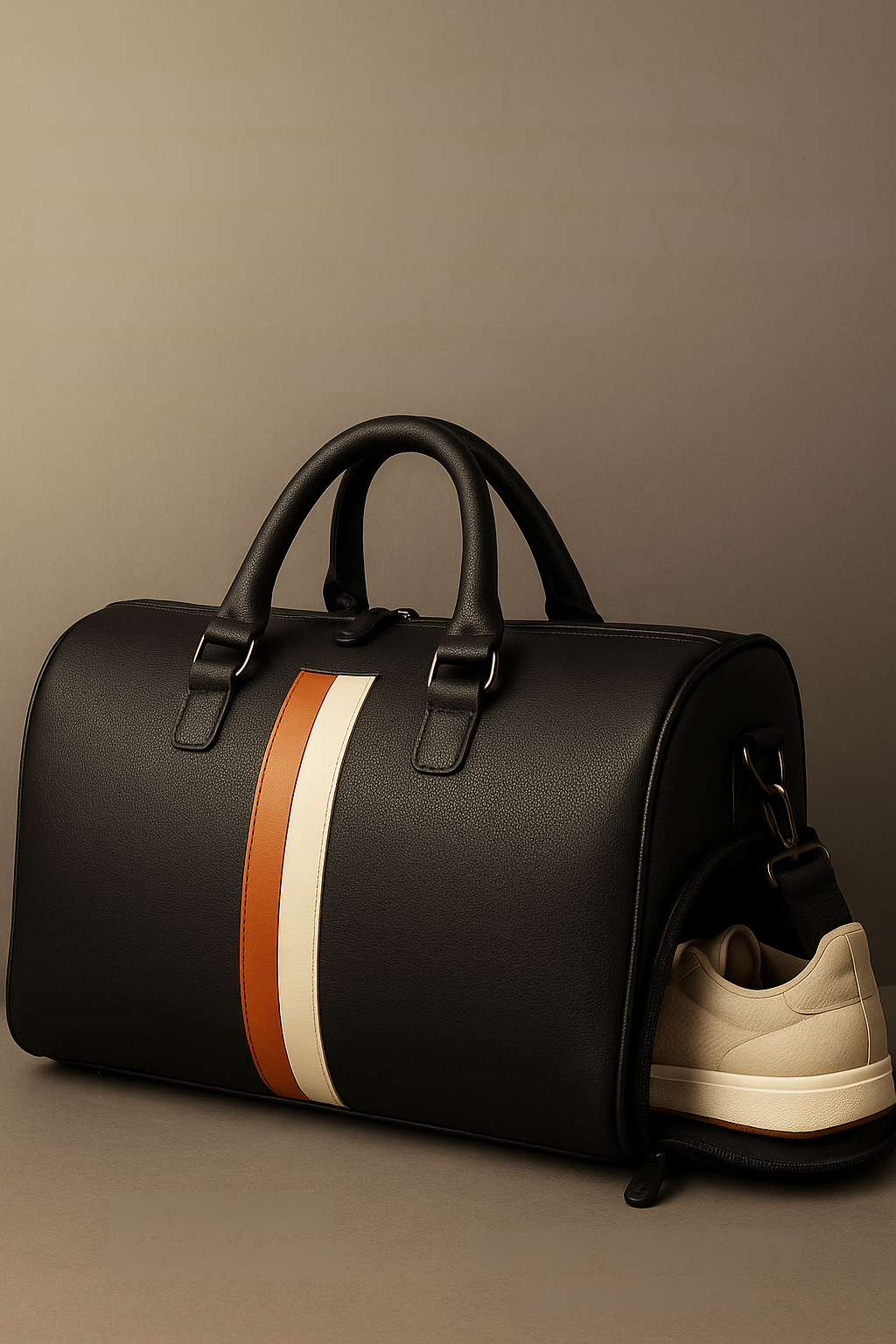 Premium black vegan leather gym duffle bag with tan and white stripe, shoe compartment, and gold hardware.